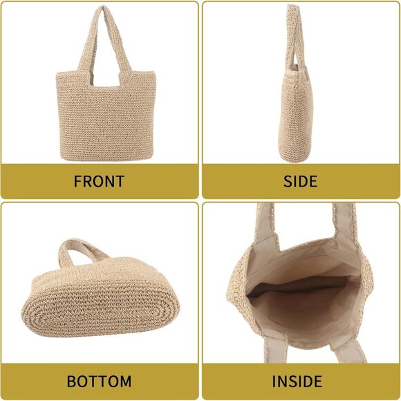 Women Beige Weaving Casual Retro Bag with Zipper Closure Shoulder Handbag Purse - Picture 6 of 7